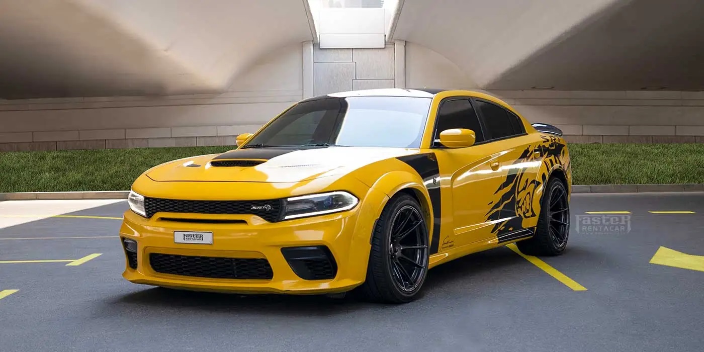 DODGE CHARGER V8 HELLCAT WIDEBODY KIT YELLOW 2019 rental dubai
