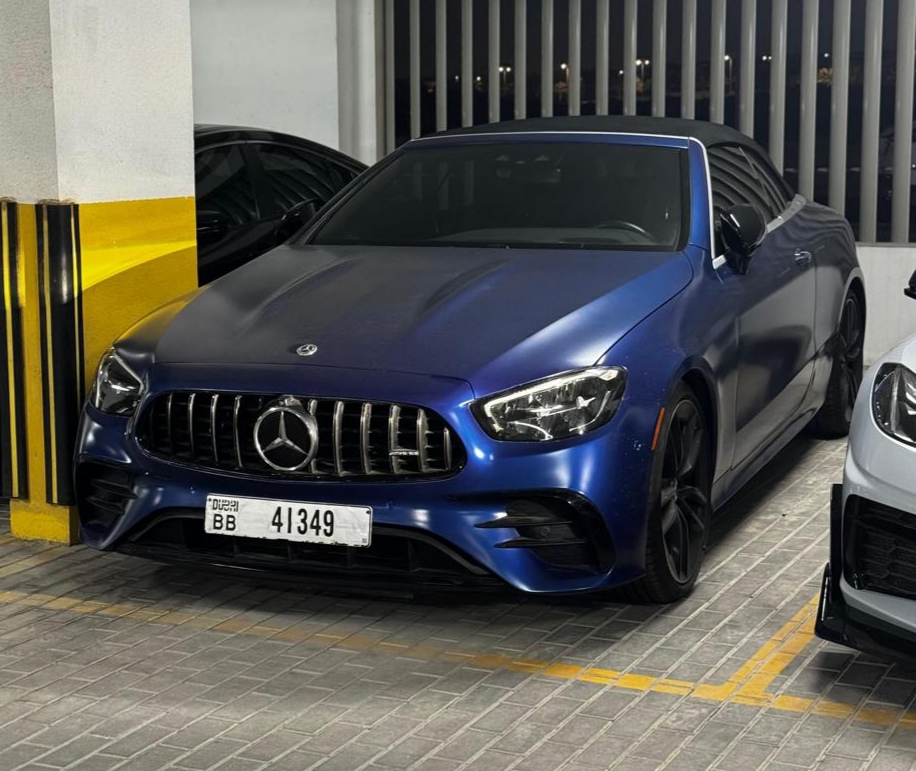 hire Mercedes E 53 AMG Blue Cabriolet in dubai